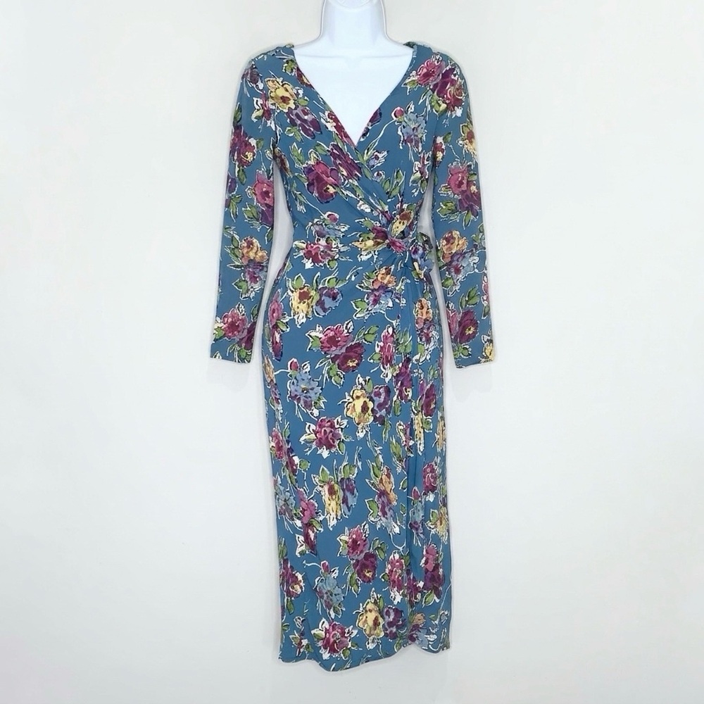 Betsey Johnson Vintage 90s Floral Wrap Dress (Sz S) Long Sleeve Midi Blue